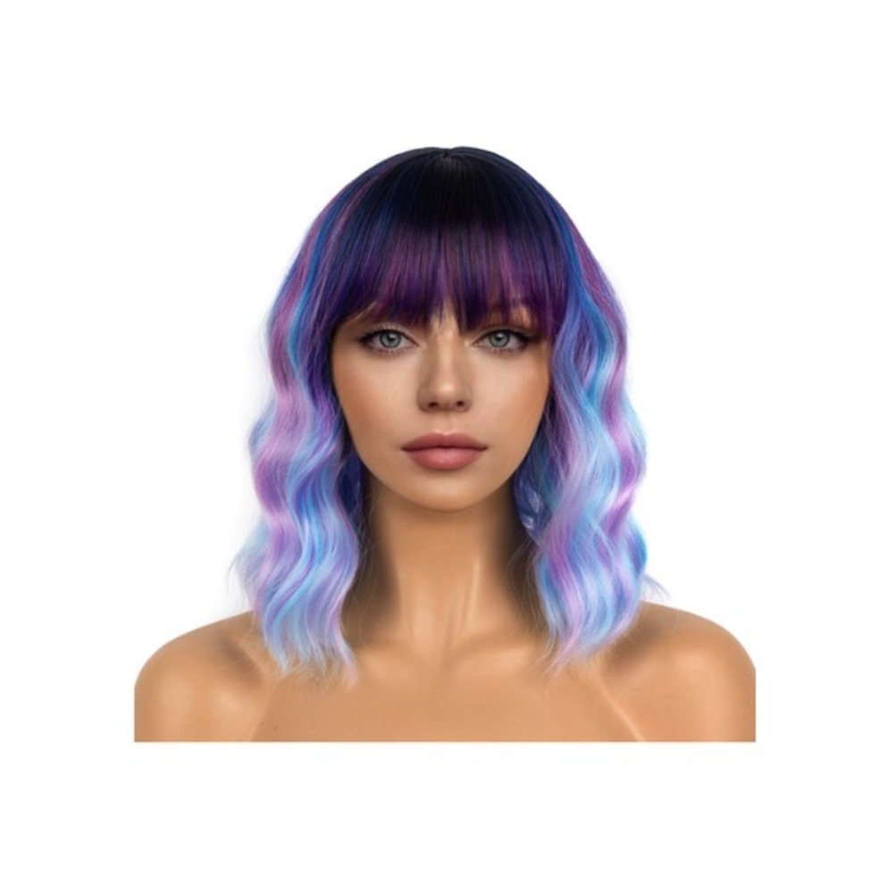 LANCAINI Blue‎ Purple Short Bob Wig with Bangs Wavy Curly Synthetic Cosplay Wig